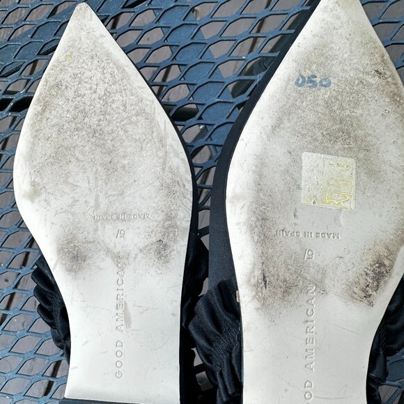 Good American Show Off Slingback Black Satin Ruffle Pointed Toe Flats - Picture 8 of 9